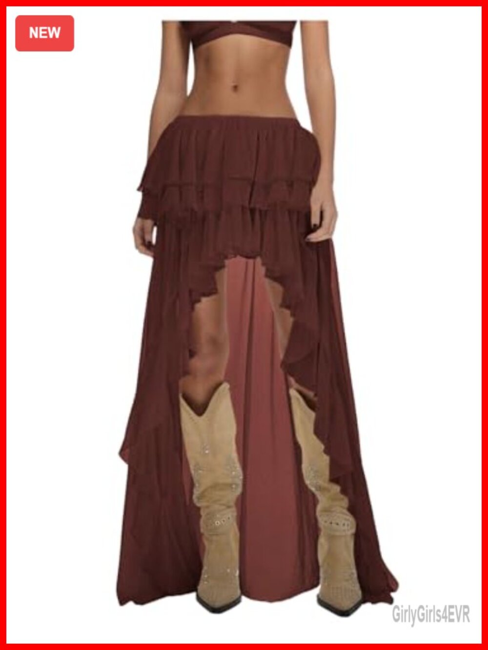 Boho Layered Ruffle Chiffon Y2K Elastic Cowgirl High-Low Maxi Skirt